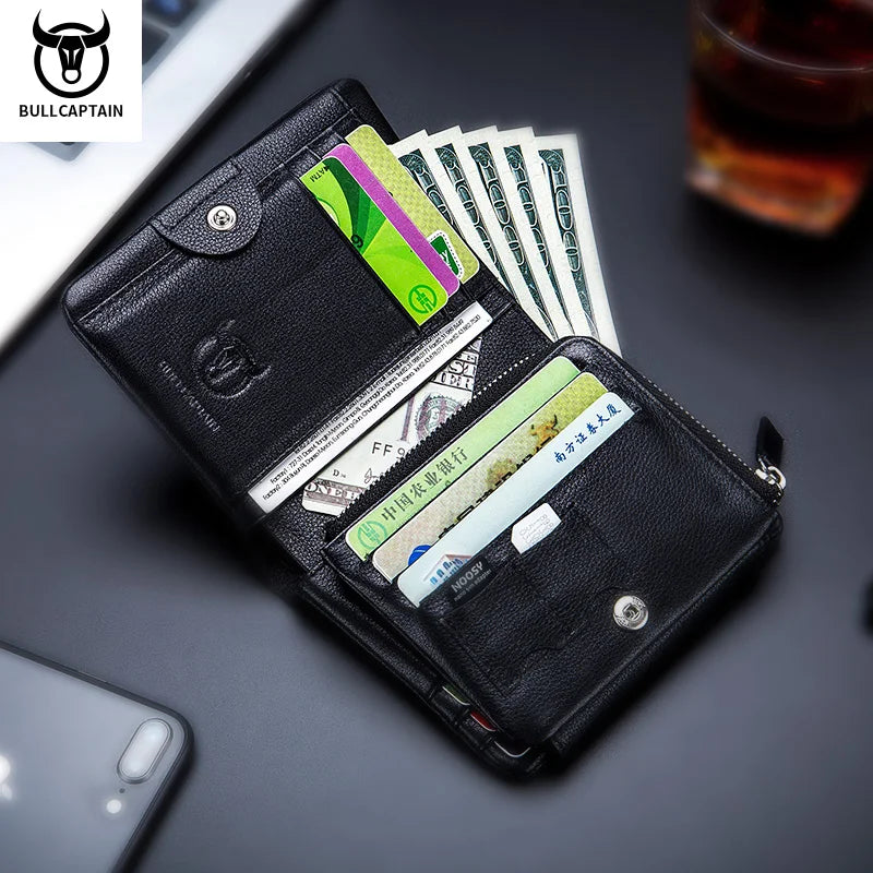 BULLCAPTAIN Brand Leather RFID Retro Wallet Men's Small Zipper Wallet Card Bag Men's Wallet Clutch