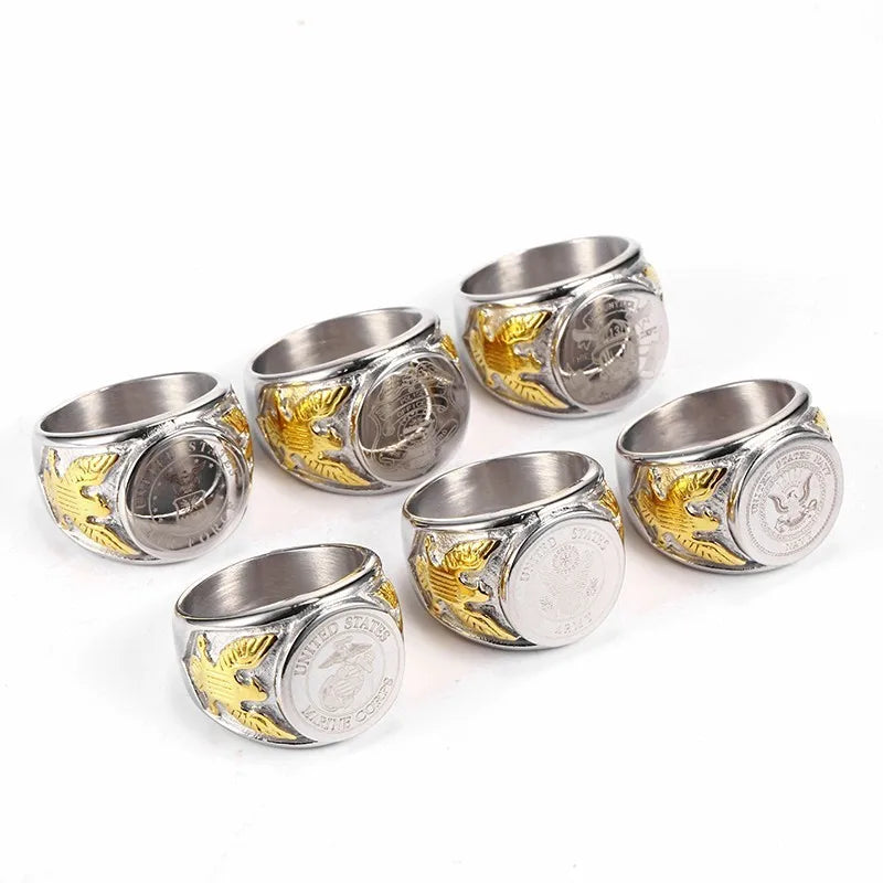 Silver Color Gold US Eagle Border Stainless Steel Mens Military Ring The United States USMC Army Navy Ring
