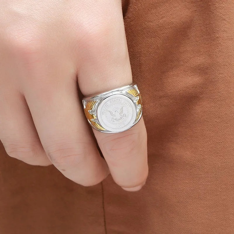Silver Color Gold US Eagle Border Stainless Steel Mens Military Ring The United States USMC Army Navy Ring