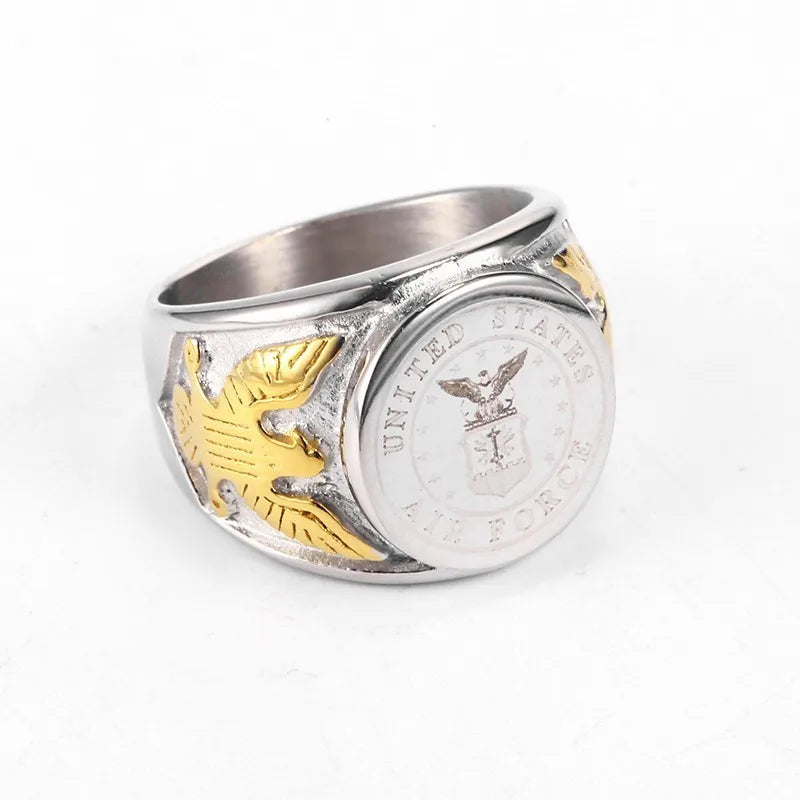 Silver Color Gold US Eagle Border Stainless Steel Mens Military Ring The United States USMC Army Navy Ring