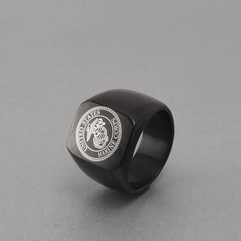 Black The United States Army Marine Corps Signet Ring For Men In Stainless Steel Military Jewelry USMC NAVY