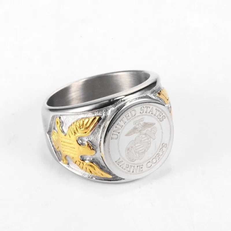 Silver Color Gold US Eagle Border Stainless Steel Mens Military Ring The United States USMC Army Navy Ring