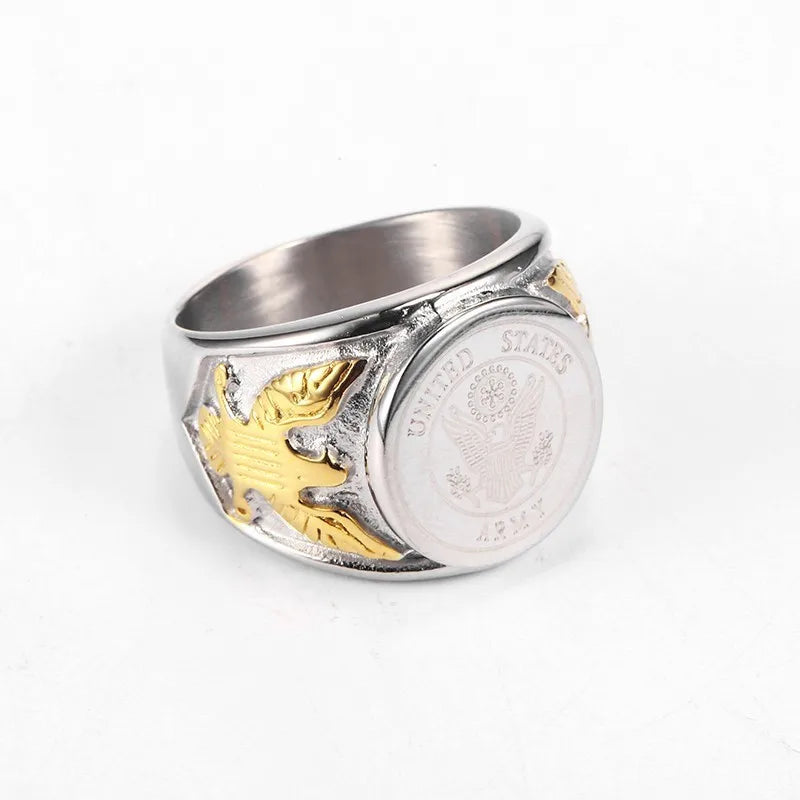 Silver Color Gold US Eagle Border Stainless Steel Mens Military Ring The United States USMC Army Navy Ring