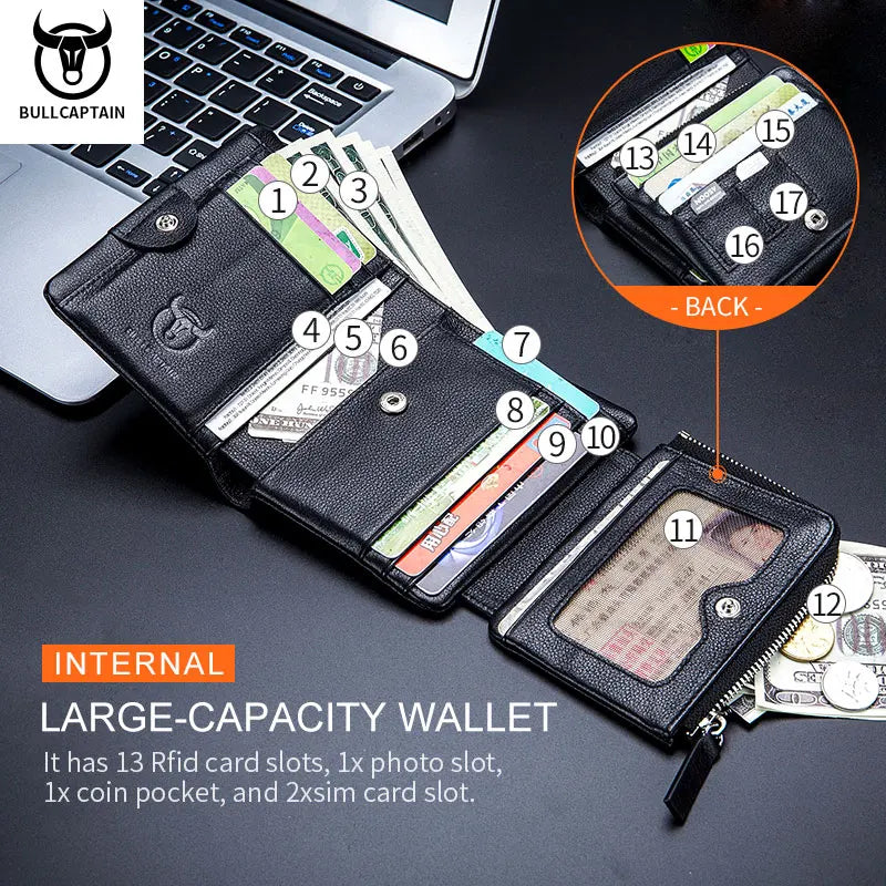 BULLCAPTAIN Brand Leather RFID Retro Wallet Men's Small Zipper Wallet Card Bag Men's Wallet Clutch
