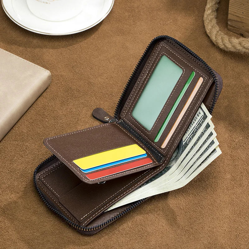 Men's Wallet 2025 New Short Style Solid Color Youth Minimalist Tri-Fold Money Clip Multifunctional Student Zipper Coin Purse