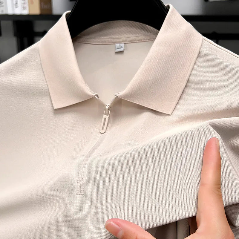 Men's Half-Zip Polo Shirt Light Beige Breathable Casual Slim Fit Stretch Cotton Classic Collar Business Casual Tops