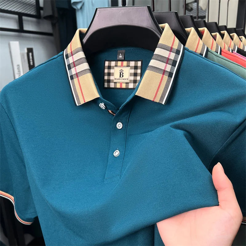Luxury brand short sleeve polo shirt men's summer new silk cotton breathable fashion top casual business plaid lapel T-shirt