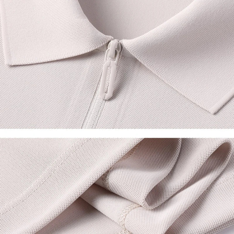 Men's Half-Zip Polo Shirt Light Beige Breathable Casual Slim Fit Stretch Cotton Classic Collar Business Casual Tops