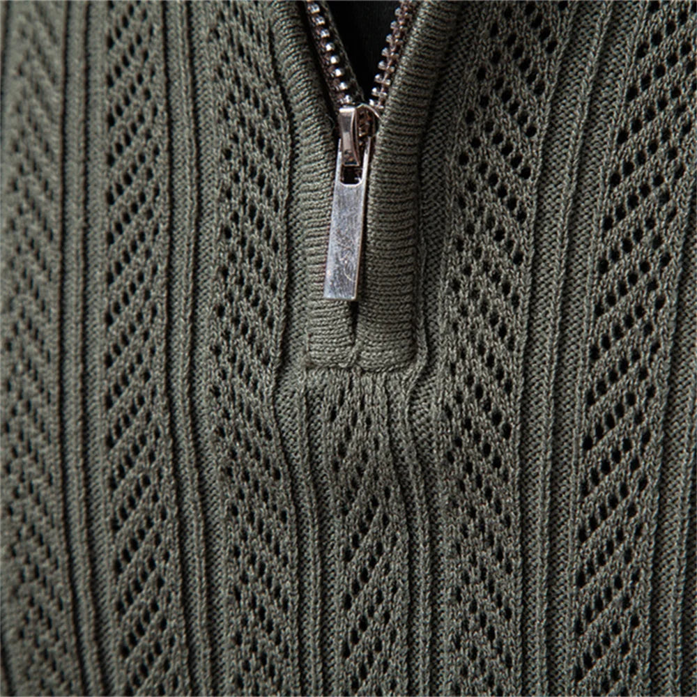 AIOPESON Premium Solid Color Polo Men Slim Fit Zip Long Sleeve Luxury Textured Fabric Business Casual Mens Sweatshirt
