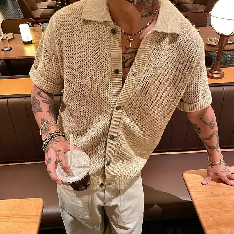2025 Men's Vintage Knitted Polo Shirt Summer Short Sleeve Cotton-Blend Breathable Old Money Style Luxury Texture Top