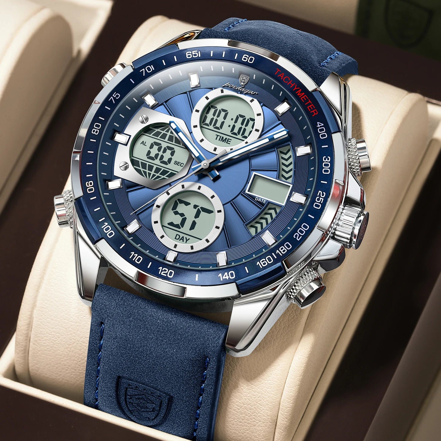 POEDAGAR LED Luxury Men Watch Luminous Week Date Dual Time Display Digital Man Clock Alarm Electronic Men's Quartz Watches Reloj