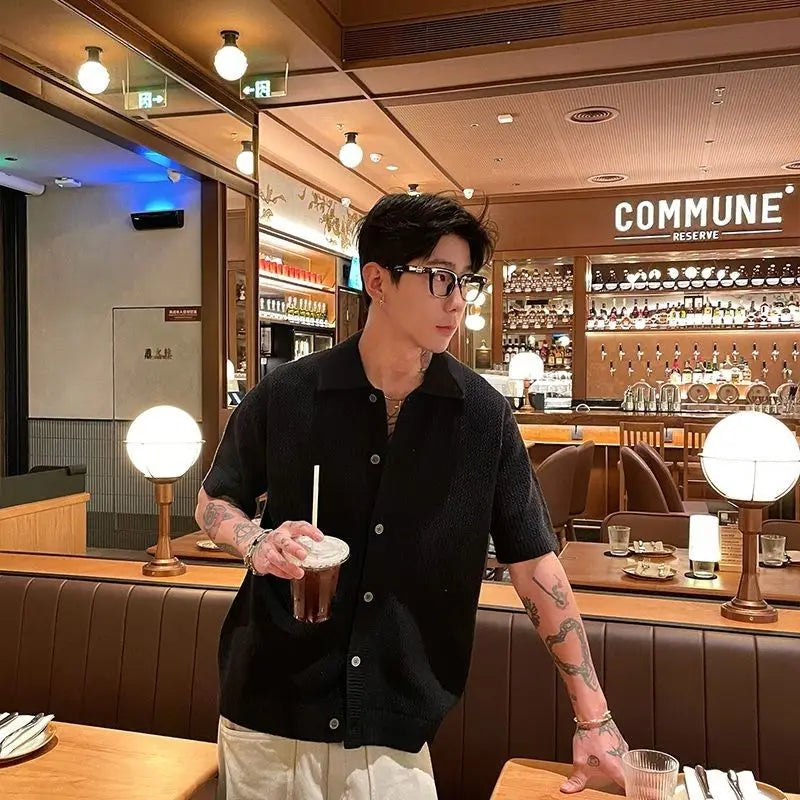 2025 Men's Vintage Knitted Polo Shirt Summer Short Sleeve Cotton-Blend Breathable Old Money Style Luxury Texture Top