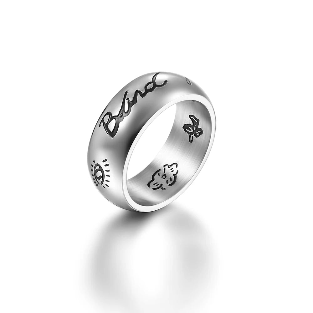 Stainless Steel Color Silver Vintage Circle Graffiti Hip Hop Round Fashion Trend Comical Minimalism Ring Gifts For Men