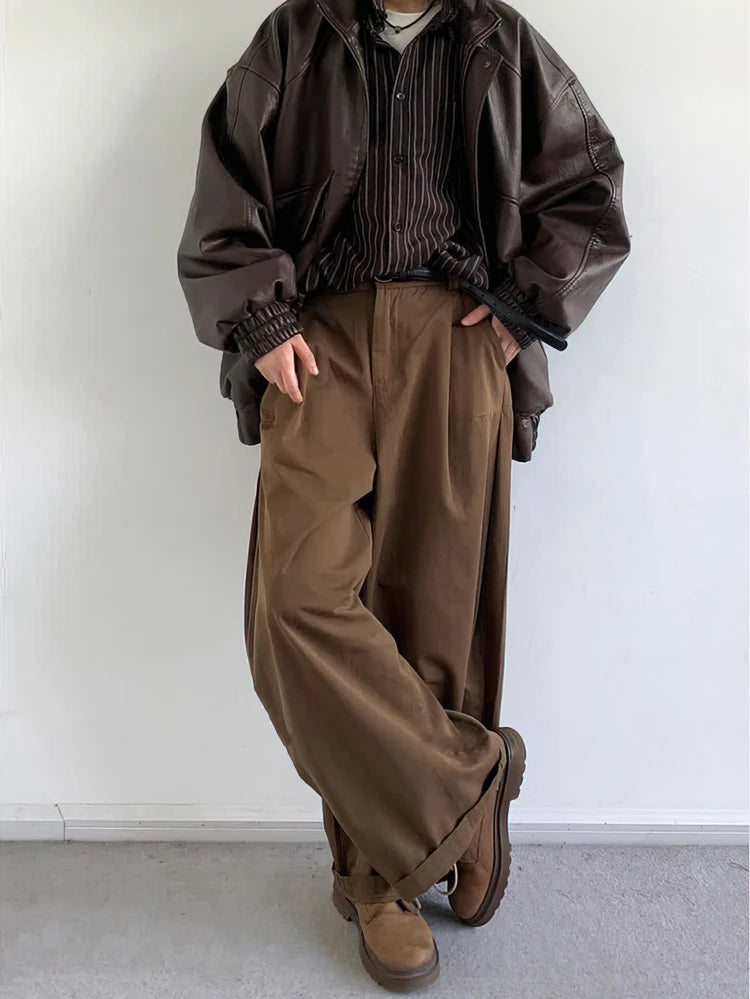 Vintage Brown Baggy Cargo Pants Men Koraen Harajuku Suit Pants Office Casual Trousers Male Wide leg Work New