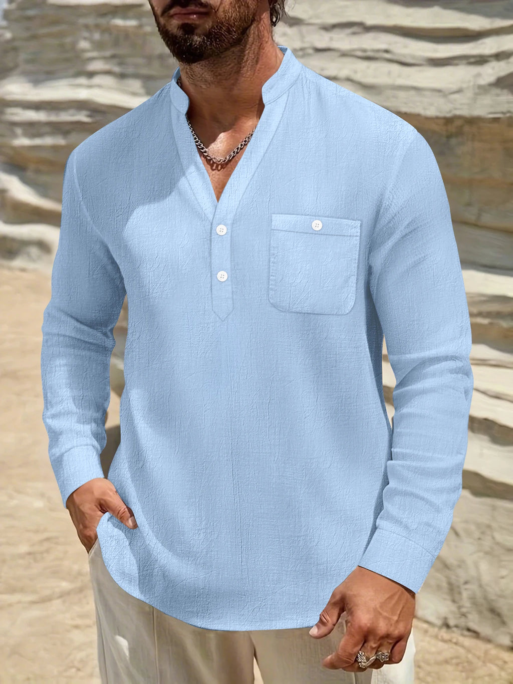 Autumn new high-end fashion long sleeved men's shirt stand up collar vacation beach style loose solid color casual boutique top