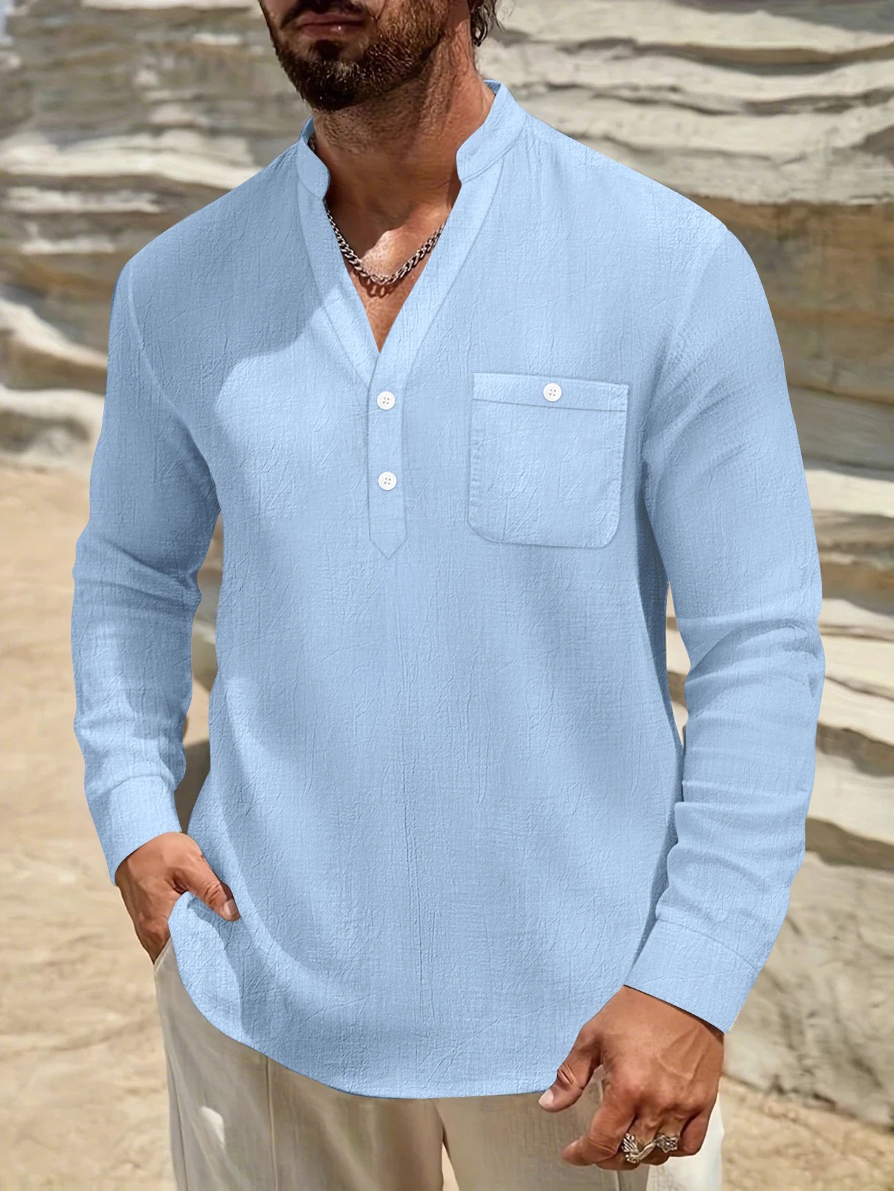 Autumn new high-end fashion long sleeved men's shirt stand up collar vacation beach style loose solid color casual boutique top