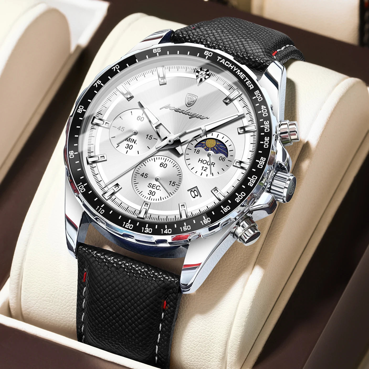 POEDAGAR Original Luxury Men Clock Fashion Luminous Waterproof Chronograph Date Watch For Man Leather Quartz Men's Watches Reloj