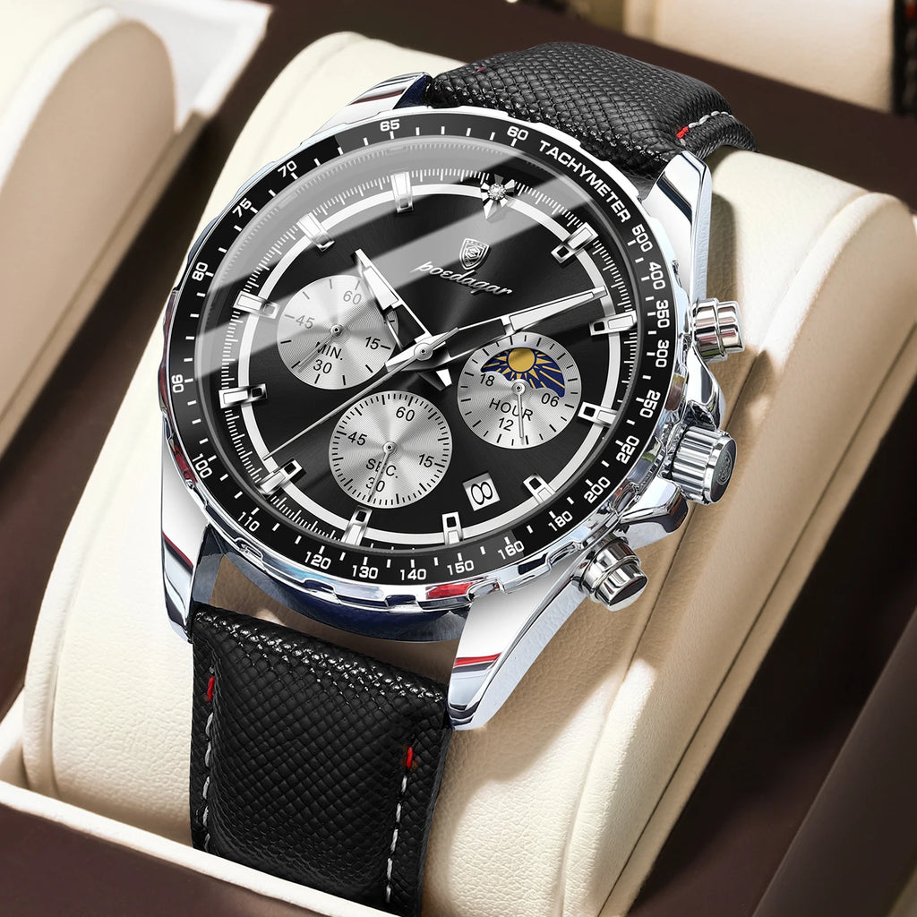 POEDAGAR Original Luxury Men Clock Fashion Luminous Waterproof Chronograph Date Watch For Man Leather Quartz Men's Watches Reloj