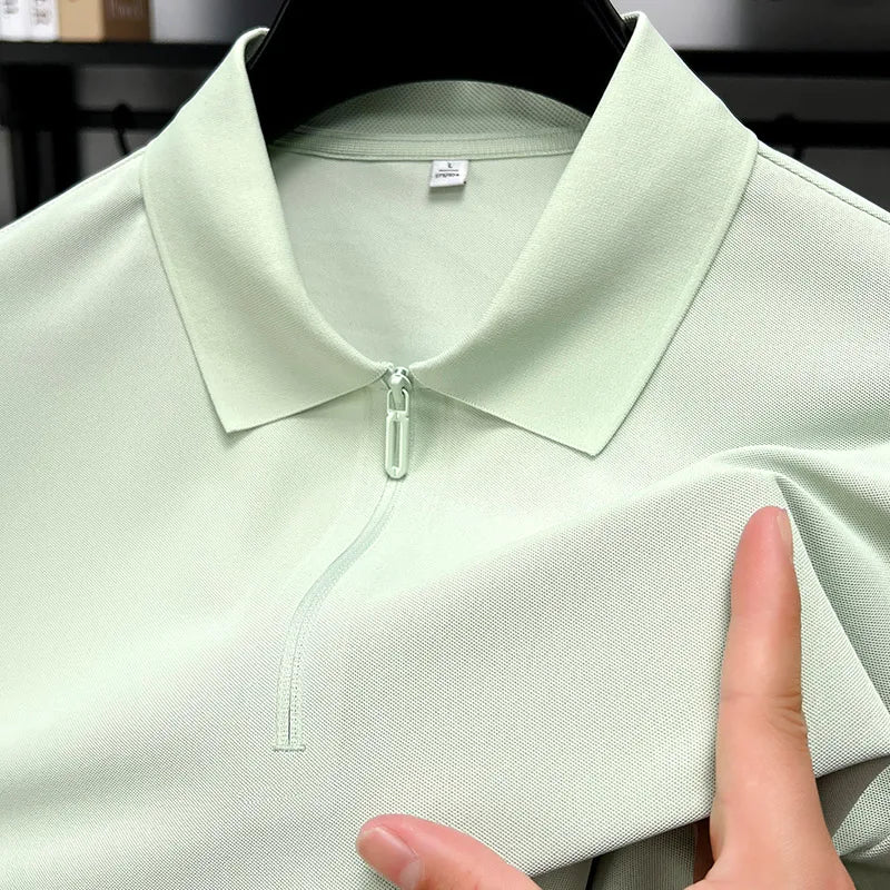 Men's Half-Zip Polo Shirt Light Beige Breathable Casual Slim Fit Stretch Cotton Classic Collar Business Casual Tops