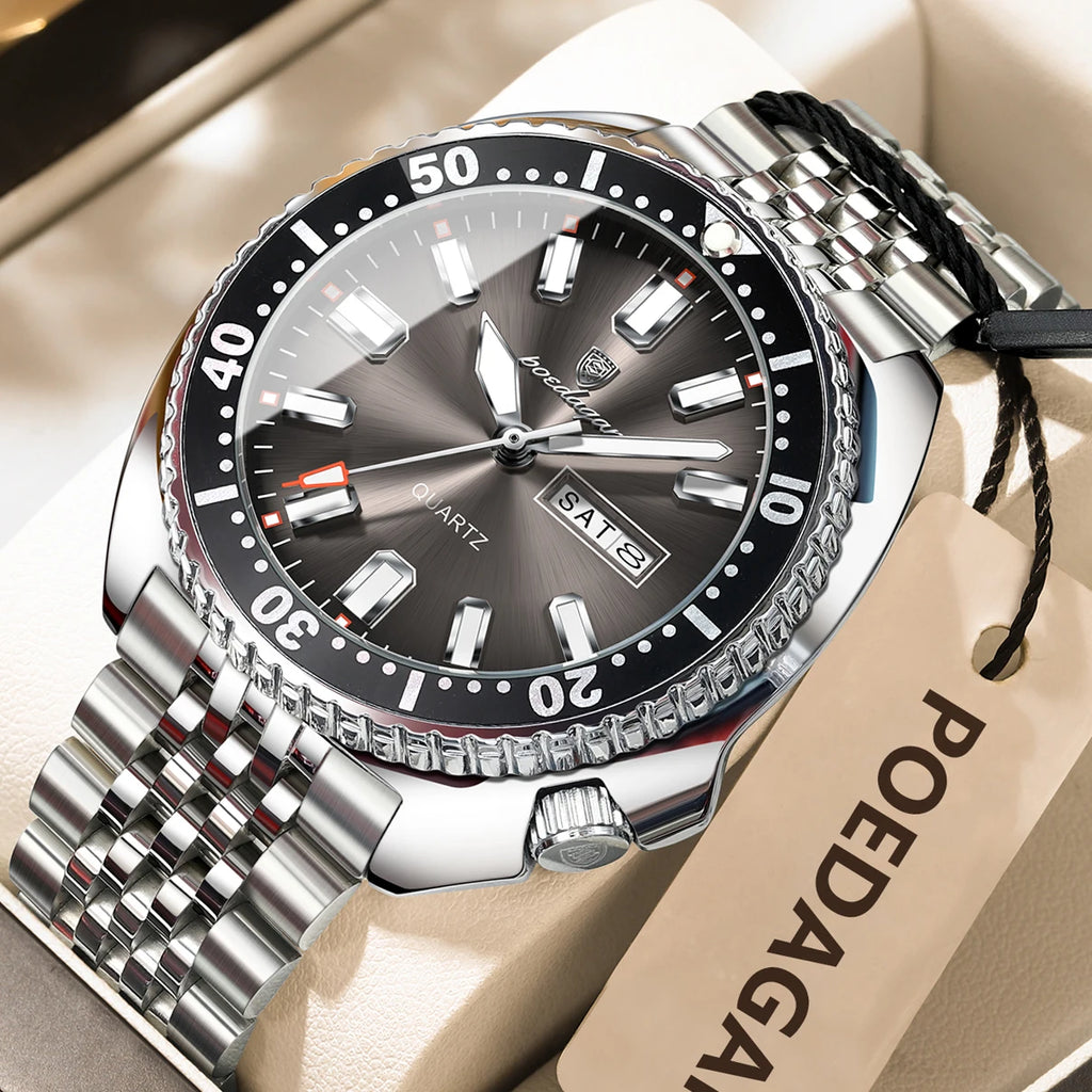 POEDAGAR Business Men Watch Date Week Waterproof Luminous Luxury Man Wristwatch Sports Stainless Steel Men's Quartz Watches Male