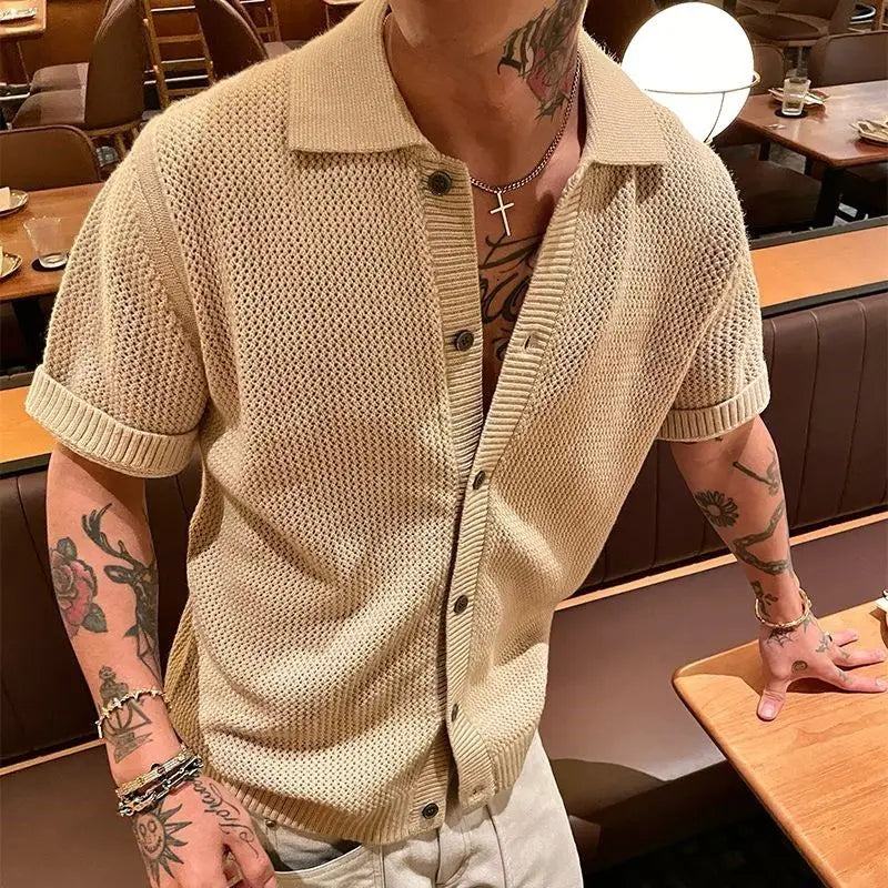 2025 Men's Vintage Knitted Polo Shirt Summer Short Sleeve Cotton-Blend Breathable Old Money Style Luxury Texture Top
