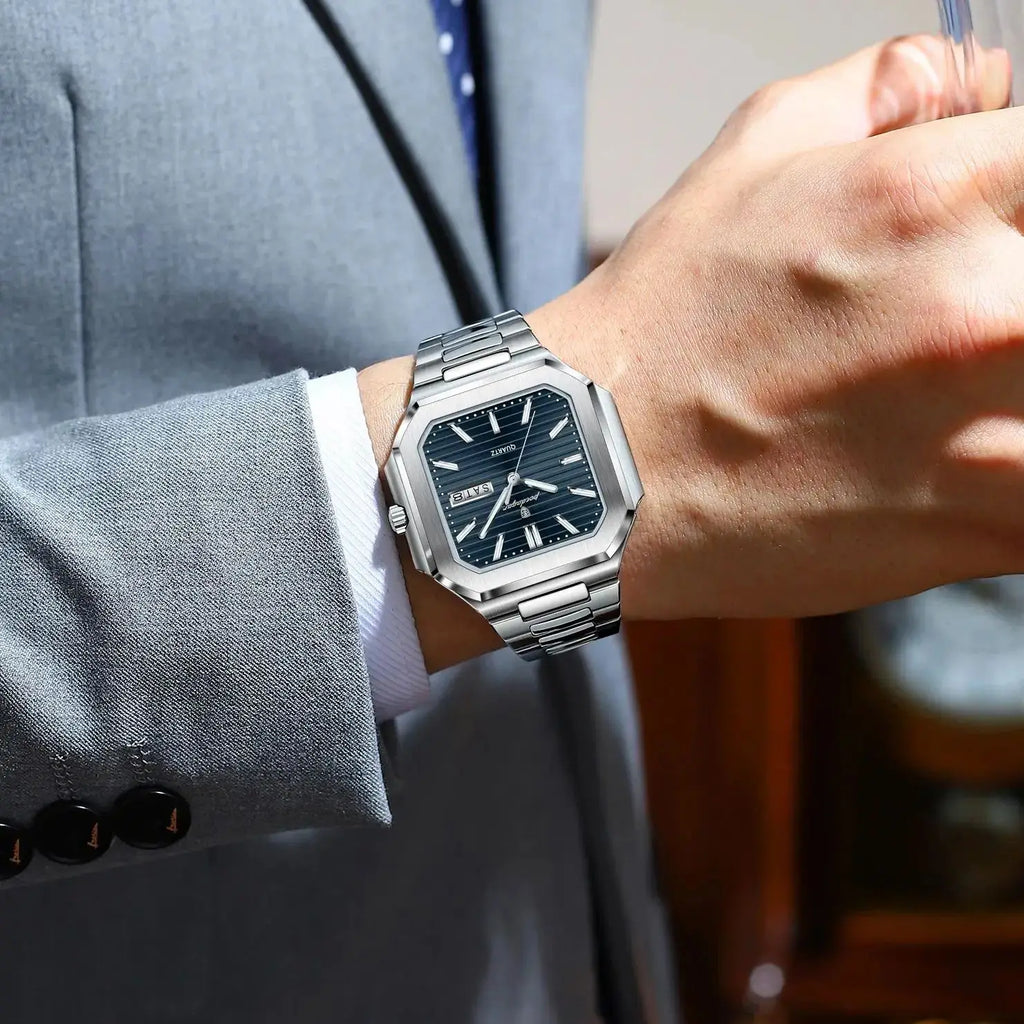 POEDAGAR Luxury Square Fashion Man Wristwatch Waterproof Luminous Date Week Quartz Men's Watches Stainless Steel Men Watch Reloj