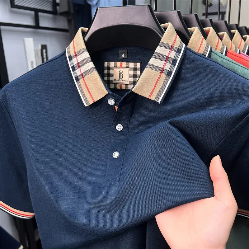 Luxury brand short sleeve polo shirt men's summer new silk cotton breathable fashion top casual business plaid lapel T-shirt