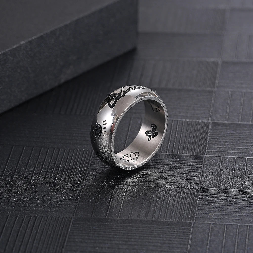 Stainless Steel Color Silver Vintage Circle Graffiti Hip Hop Round Fashion Trend Comical Minimalism Ring Gifts For Men