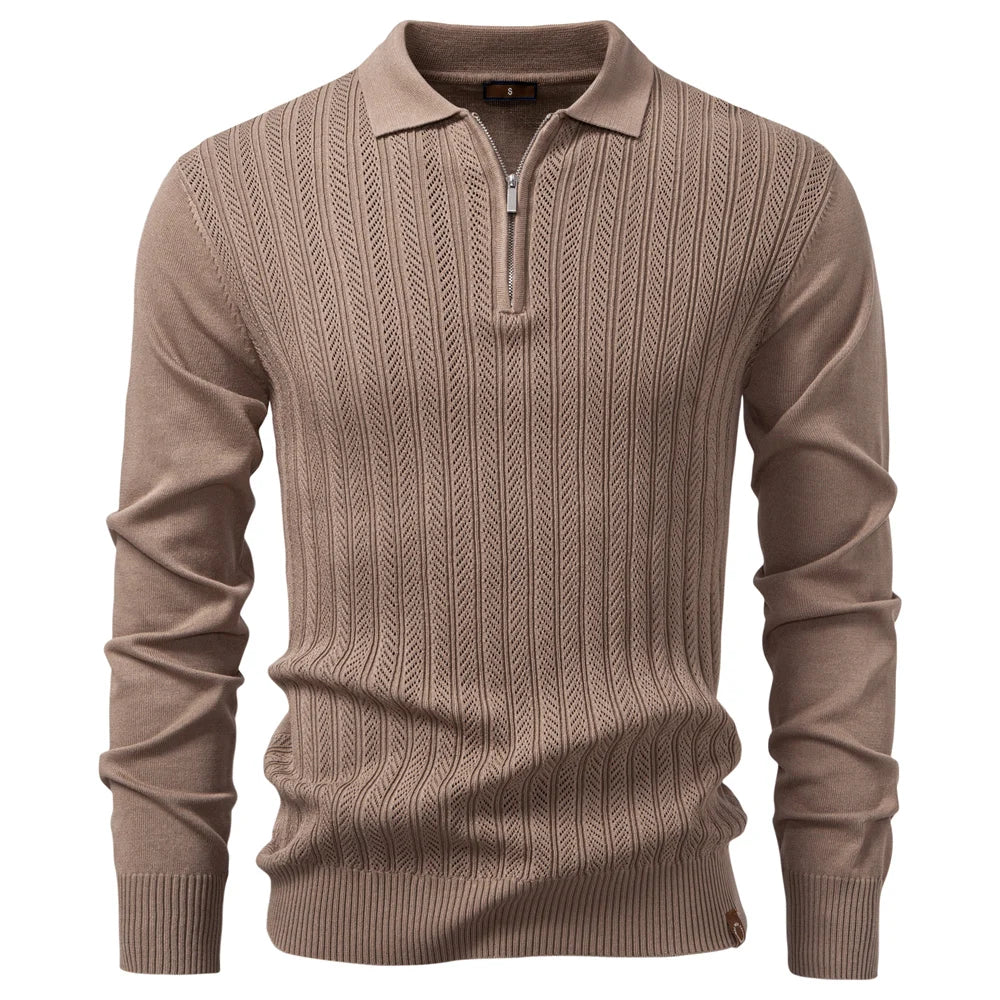 AIOPESON Premium Solid Color Polo Men Slim Fit Zip Long Sleeve Luxury Textured Fabric Business Casual Mens Sweatshirt