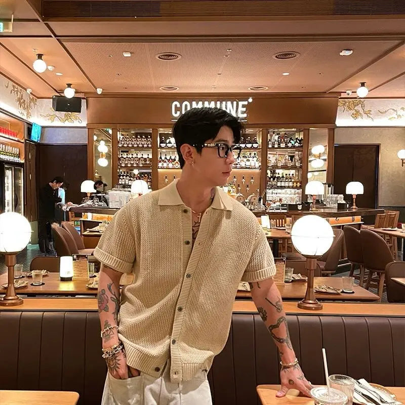 2025 Men's Vintage Knitted Polo Shirt Summer Short Sleeve Cotton-Blend Breathable Old Money Style Luxury Texture Top