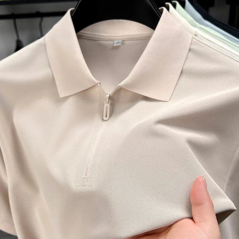 Men's Half-Zip Polo Shirt Light Beige Breathable Casual Slim Fit Stretch Cotton Classic Collar Business Casual Tops