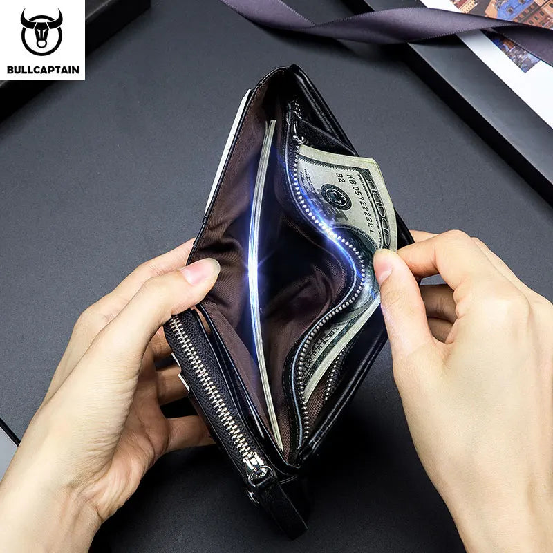BULLCAPTAIN Brand Leather RFID Retro Wallet Men's Small Zipper Wallet Card Bag Men's Wallet Clutch