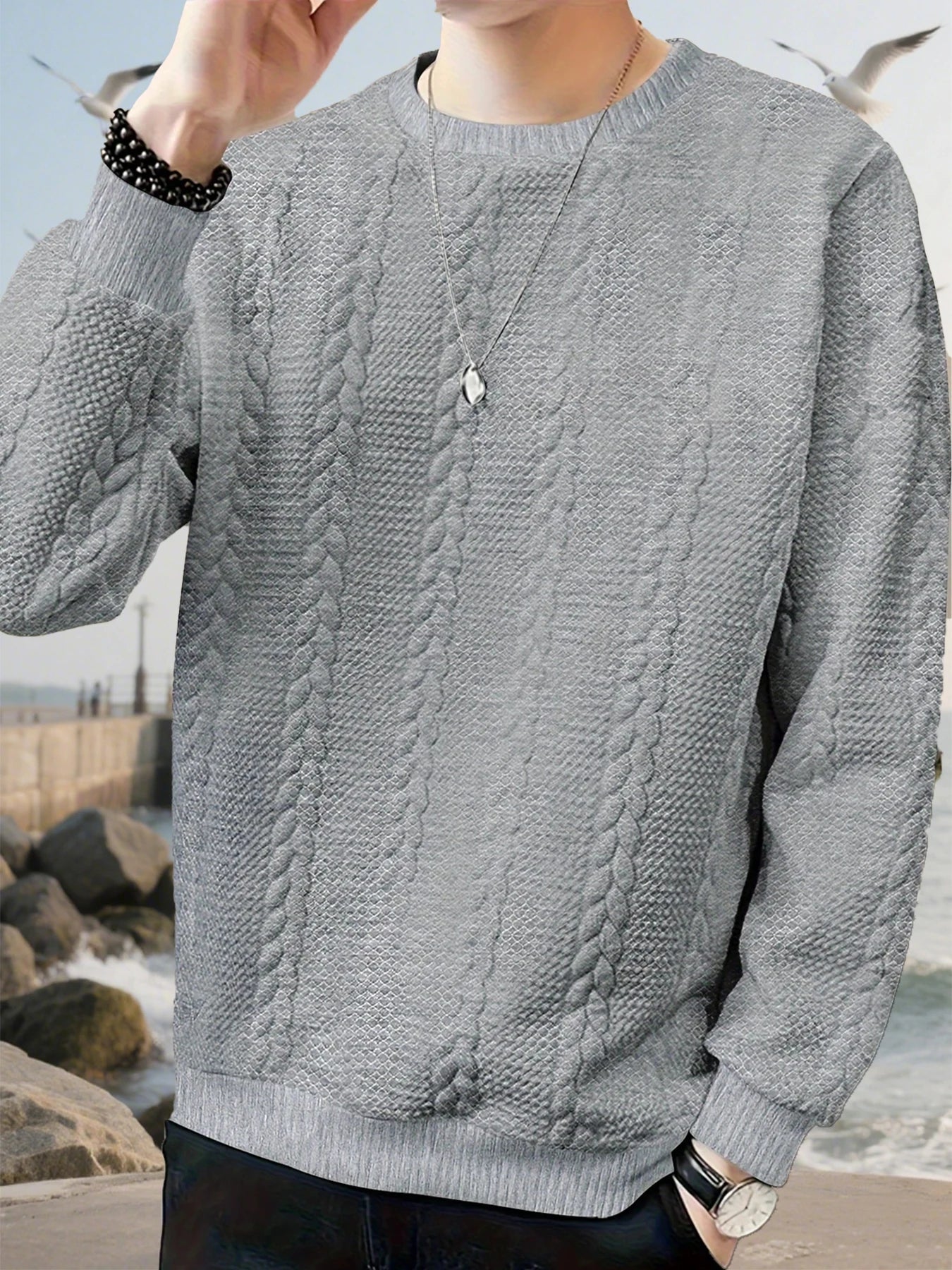 Autumn men's new round neck jacquard checkered high-end boutique fashion long sleeved polo shirt casual solid color warm T-shirt
