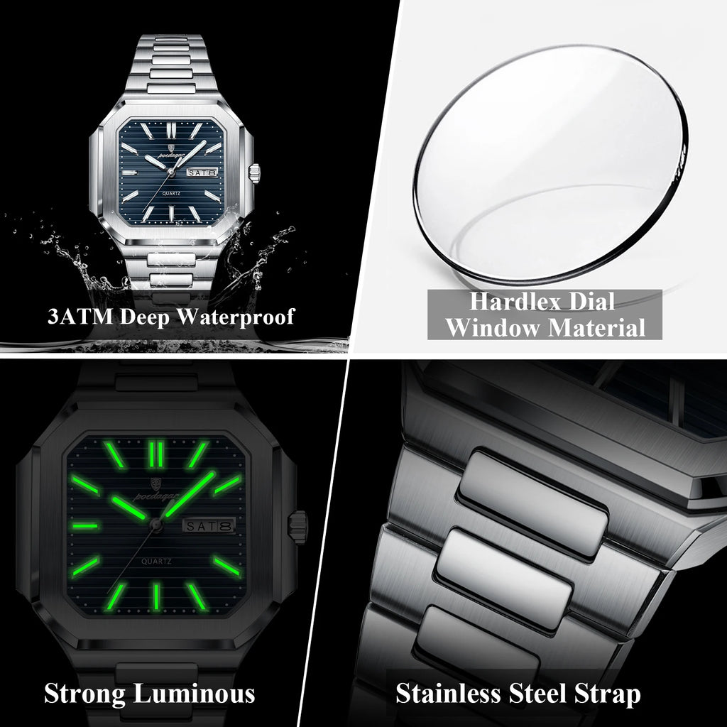 POEDAGAR Luxury Square Fashion Man Wristwatch Waterproof Luminous Date Week Quartz Men's Watches Stainless Steel Men Watch Reloj