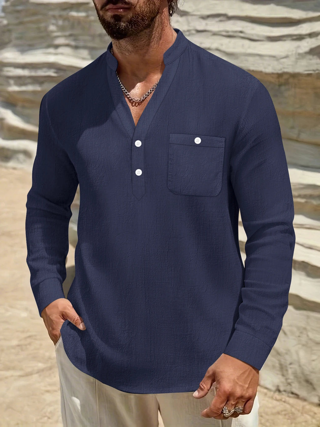 Autumn new high-end fashion long sleeved men's shirt stand up collar vacation beach style loose solid color casual boutique top