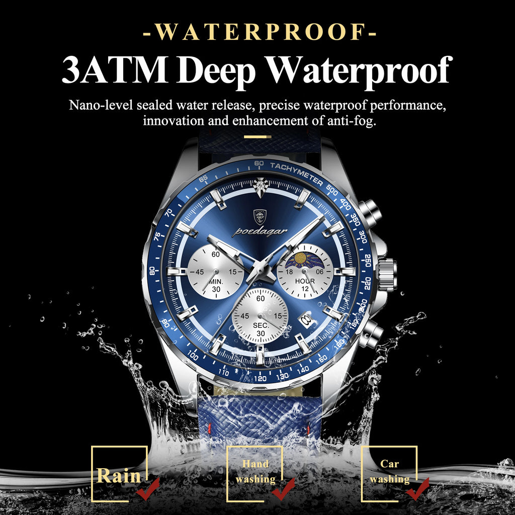 POEDAGAR Original Luxury Men Clock Fashion Luminous Waterproof Chronograph Date Watch For Man Leather Quartz Men's Watches Reloj