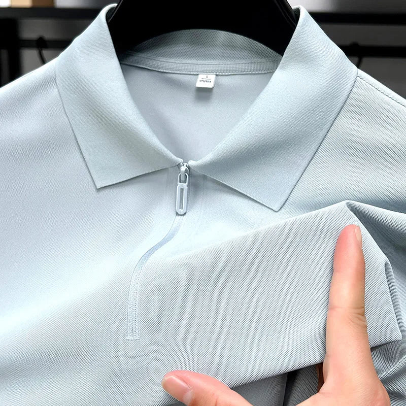 Men's Half-Zip Polo Shirt Light Beige Breathable Casual Slim Fit Stretch Cotton Classic Collar Business Casual Tops