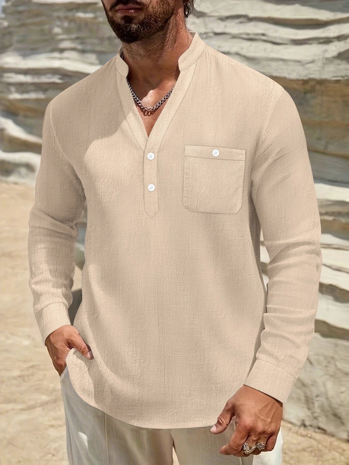 Autumn new high-end fashion long sleeved men's shirt stand up collar vacation beach style loose solid color casual boutique top