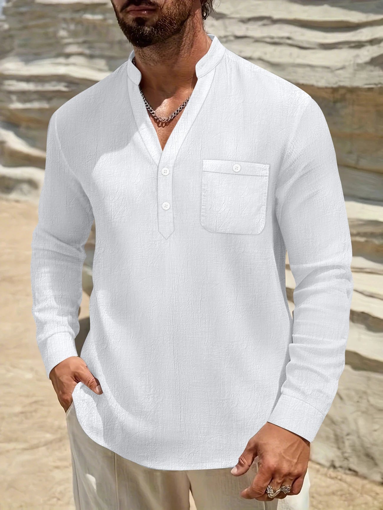 Autumn new high-end fashion long sleeved men's shirt stand up collar vacation beach style loose solid color casual boutique top