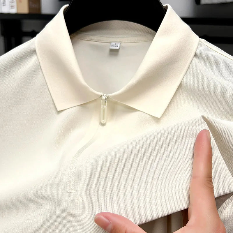 Men's Half-Zip Polo Shirt Light Beige Breathable Casual Slim Fit Stretch Cotton Classic Collar Business Casual Tops