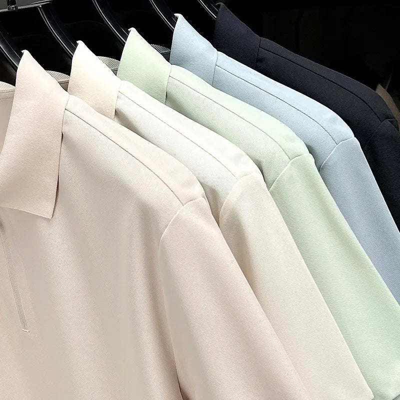 Men's Half-Zip Polo Shirt Light Beige Breathable Casual Slim Fit Stretch Cotton Classic Collar Business Casual Tops